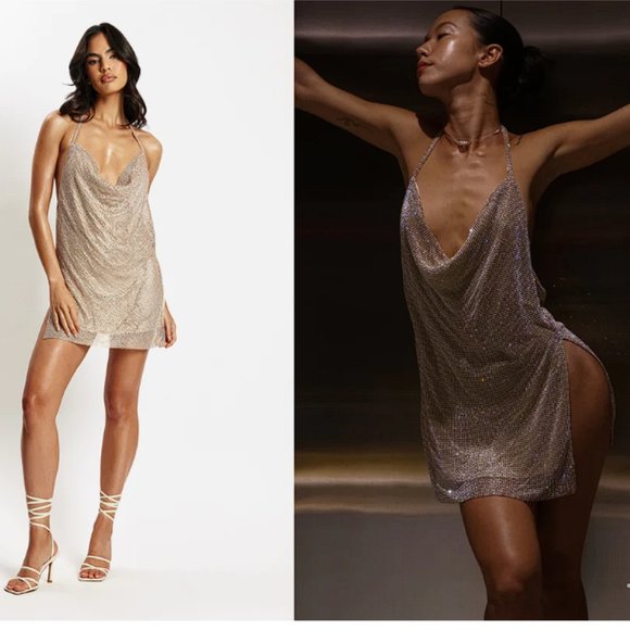 Meshki ‘Siya’ Halter Glomesh Diamante Mesh Mini Dress - Gold - Picture 3 of 13